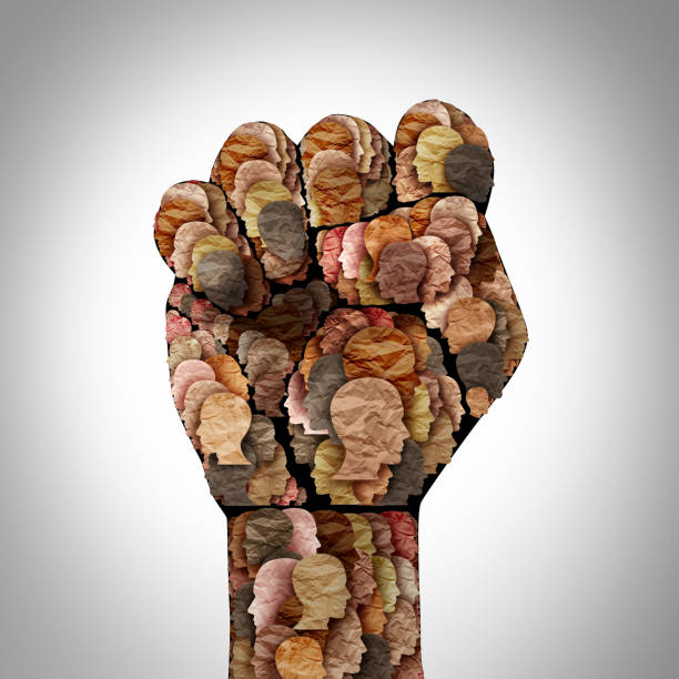 United Social Justice United social Justice concept as a fist with multicultural people together representing diversity and power of the community for equal rights and fairness in society in a 3D illustration style. social justice concept stock pictures, royalty-free photos & images