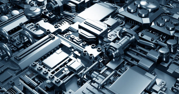 Industrial steel background with various engine, mechanical and technical elements. 3D illustration