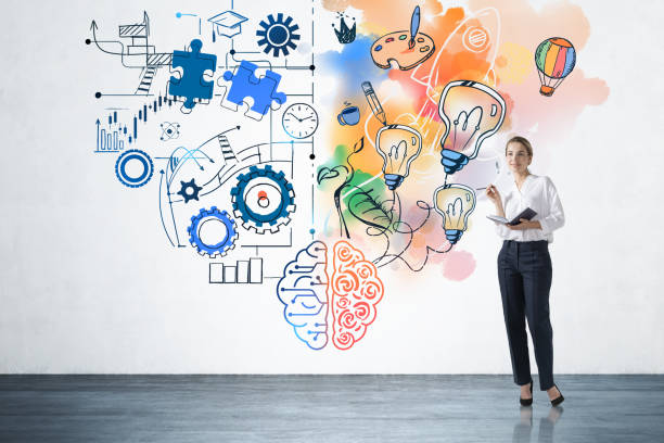 istock Office woman and brain sketch with two different sides, parquet floor 1312143719
