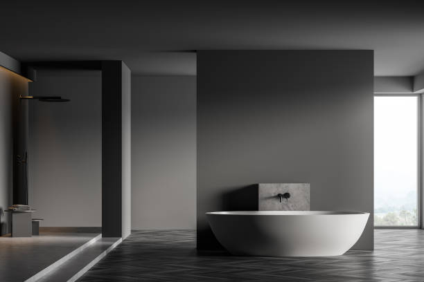 istock White bathtub and shower in dark bathroom with window 1312143912