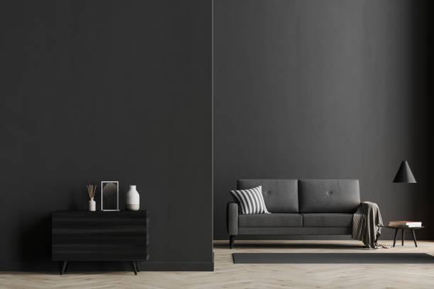 istock Dark living room interior with black empty wall 1312144809