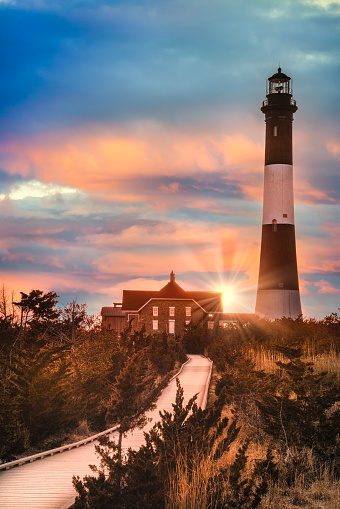 Beautiful Fire Island Lighthouse at sunset, Long Island, New York