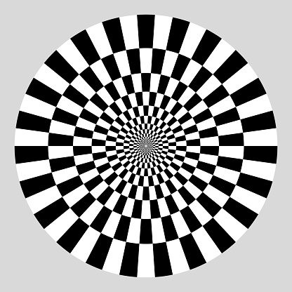 Checkered sectors on disk. In concentric circles around copy space. On gray.