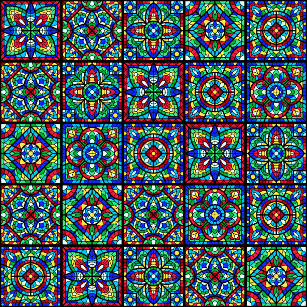 illustrazioni stock, clip art, cartoni animati e icone di tendenza di vetrata con pezzo colorato. motivo decorativo in piastrelle a mosaico. - stainedglass