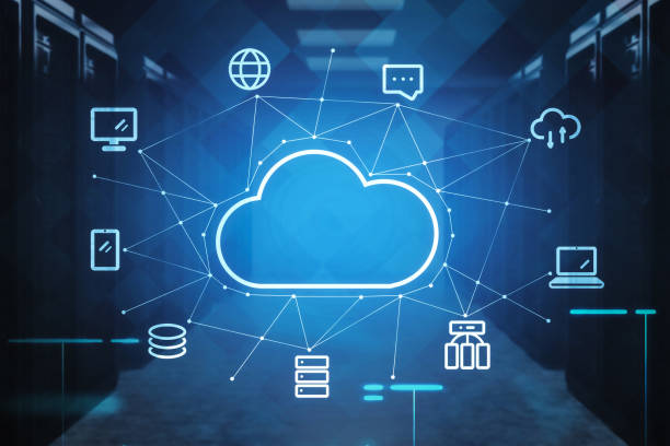 istock Blue hologram of cloud in office interior, double exposure 1312146469