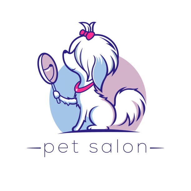Pet salon emblem A cute dog looks in the mirror. Logo for animal grooming salon.. cartoon colorful character pet grooming salon stock illustrations