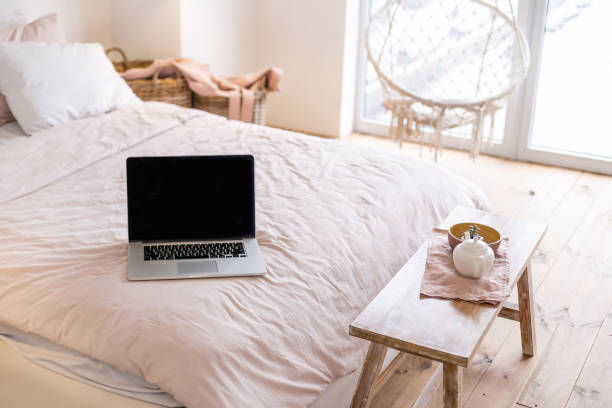 istock Laptop with blank screen on sofa in livingroom 1312146940