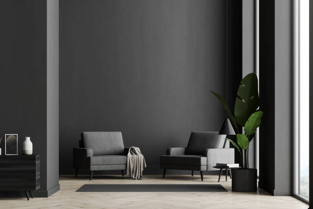 istock Dark waiting room interior with two armchairs and panoramic window 1312146944
