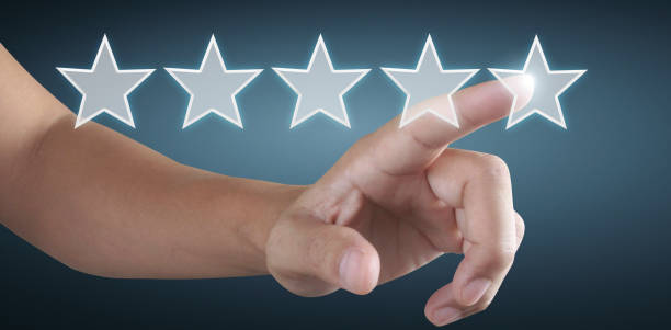 istock Hand of touching rise on increasing five stars. Increase rating evaluation classification concept 1312147536