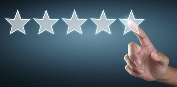 istock Hand of touching rise on increasing five stars. Increase rating evaluation classification concept 1312147546