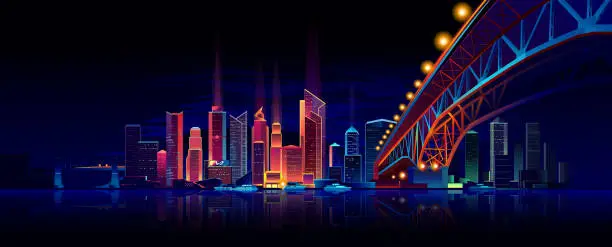 Vector illustration of night city neon panoramic