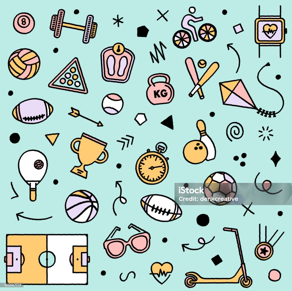 Seamless Pattern With Sport Icons Vector illustrations for seamless sports pattern. Hand-drawn icons with editable strokes can be used as print or digital works in vintage doodle style. Sport stock vector