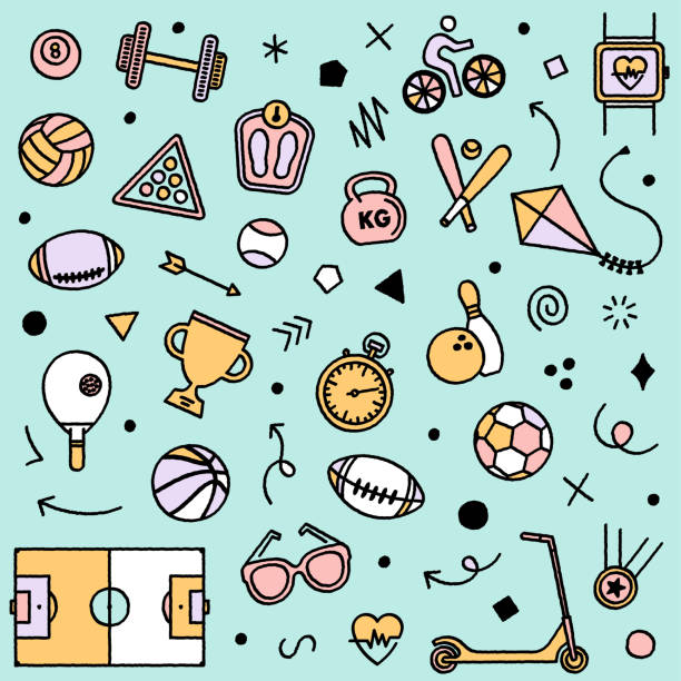 Seamless Pattern With Sport Icons Vector illustrations for seamless sports pattern. Hand-drawn icons with editable strokes can be used as print or digital works in vintage doodle style. swimming drawings stock illustrations
