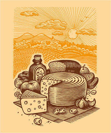 Still life with cheese, vector illustration. Drawing with an ink pen and pencil. Still life with cheese, olive oil, tomatoes, bread, garlic and olives. A collection of farm products.