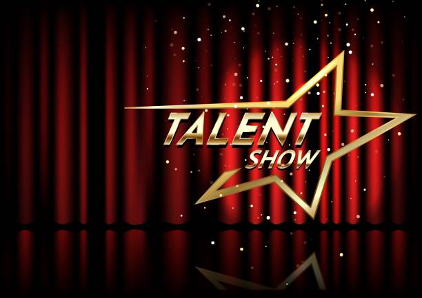 ilustrações de stock, clip art, desenhos animados e ícones de golden talent show text in the star over red curtain. event invitation poster. festival performance banner. - musical theater music musical note backgrounds