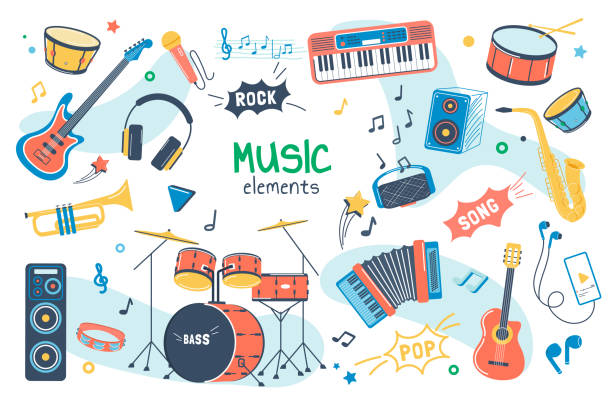 ilustraciones, imágenes clip art, dibujos animados e iconos de stock de conjunto de elementos aislados de concepto musical. paquete de creación y grabación de canciones, guitarra, batería, teclados, saxofón, micrófono, auriculares, instrumentos musicales. ilustración vectorial en diseño plano de dibujos animados - acordeón instrumento