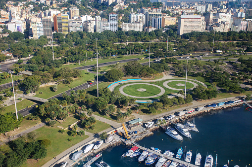 Part of the marina with the moored boats and two aeromodelling tracks.