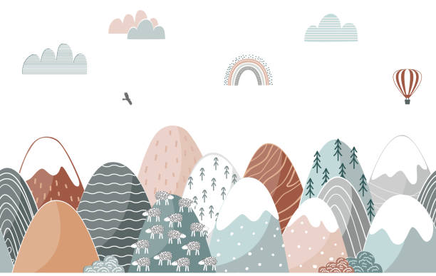 Seamless pattern with doodle mountains in Scandinavian style. Decorative landscape border background. Cute hand drawn ornament Seamless pattern with doodle mountains in Scandinavian style. Decorative landscape border background. Cute hand drawn ornament. bedroom borders stock illustrations