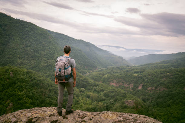istock Young male hiker enjoying in the view while standing on a mountain peak 1312153795