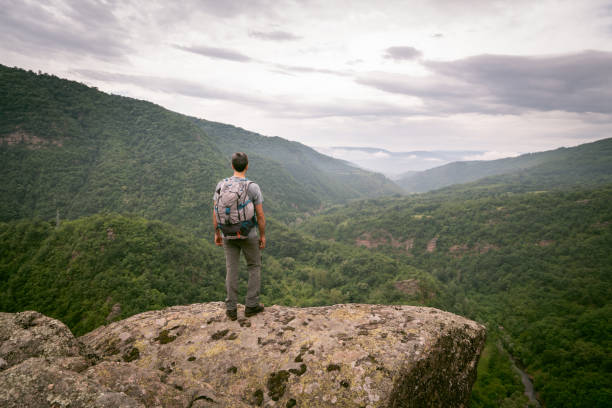 istock Male hiker enjoying in the view while standing on a mountain peak 1312153798
