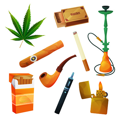 Tobacco products, cigar, cigarette and smoking pipe, vector flat icons. Tobacco smoking hookah shisha, Cuban cigar or cigarillo, electronic cigarette vape and marijuana weed leaf, matches and lighter