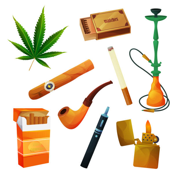 Tobacco products, cigar or cigarette, smoking pipe Tobacco products, cigar, cigarette and smoking pipe, vector flat icons. Tobacco smoking hookah shisha, Cuban cigar or cigarillo, electronic cigarette vape and marijuana weed leaf, matches and lighter bong stock illustrations