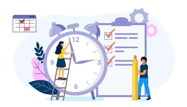 Vector illustration of Deadline Time management on the road to success Metaphor of time management in team Concept of multitasking performance timeline Flat style design vector illustration