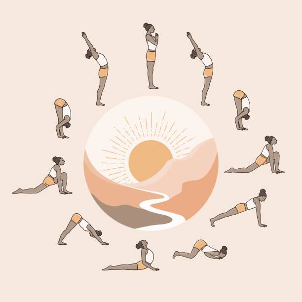 ilustrações, clipart, desenhos animados e ícones de jovem mulher fazendo ioga sol saudação, com montanhas e o sol da manhã nascente - saudação ao sol