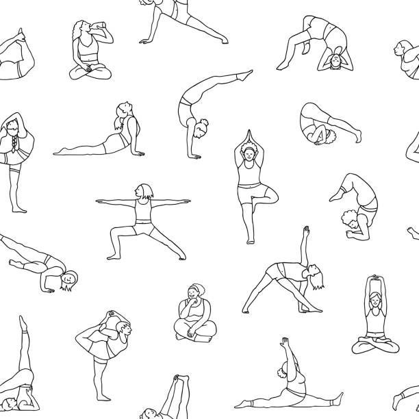 Yoga girls seamless pattern Hand drawn seamless pattern of diverse young women practicing yoga asanas gymnastics stretches stock illustrations