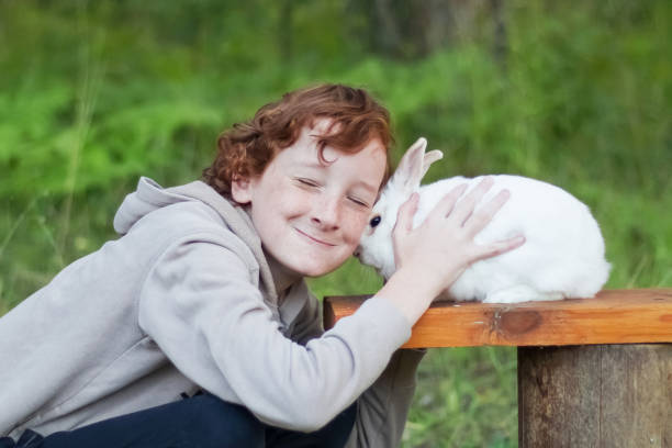 istock A boy 11-13 with his pet white rabbit outdoors 1312160364