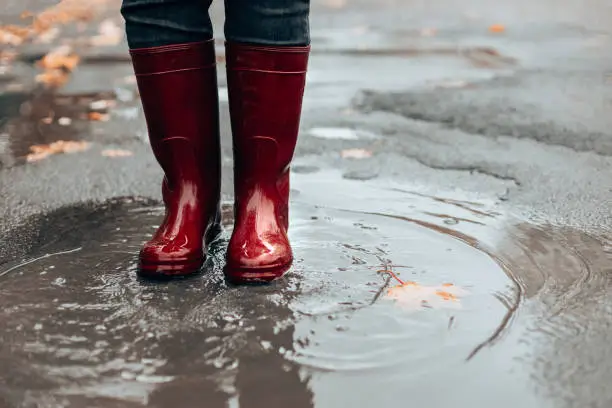 Photo of Woman with dark red rubber boots jumping in puddle, closeup. Rainy weather