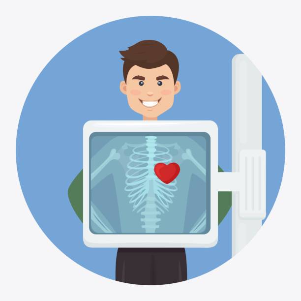 人体をスキャンするためのx線装置です。胸骨のレントゲン。心臓診断。手術のための心臓病の健康診断。臓器の超音波検査。ベクトルの図 - human spine anatomy x ray the human body点のイラスト素材／クリップアート素材／マンガ素材／アイコン素材