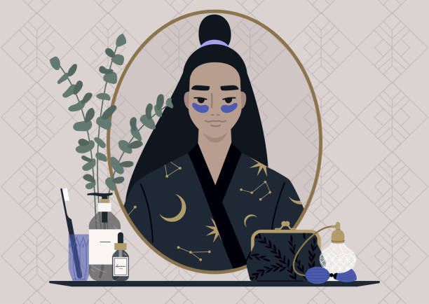 ilustrações, clipart, desenhos animados e ícones de uma rotina diária de pele, uma personagem asiática feminina usando tapa-olho e olhando para seu reflexo de espelho, um banheiro vintage decorado - people silhouette aging process tree
