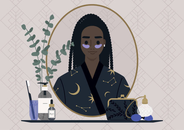 ilustrações, clipart, desenhos animados e ícones de uma rotina diária de pele, uma personagem negra feminina usando tapa-olho e olhando para seu reflexo de espelho, um banheiro vintage decorado - people silhouette aging process tree