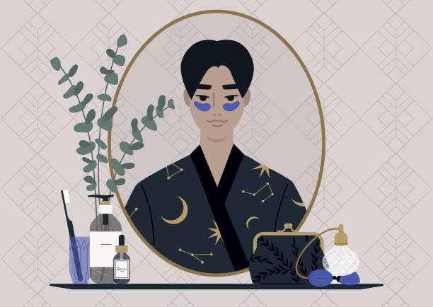 ilustrações, clipart, desenhos animados e ícones de uma rotina diária de pele, um personagem asiático masculino usando tapa-olho e olhando para seu reflexo de espelho, um banheiro vintage decorado - people silhouette aging process tree