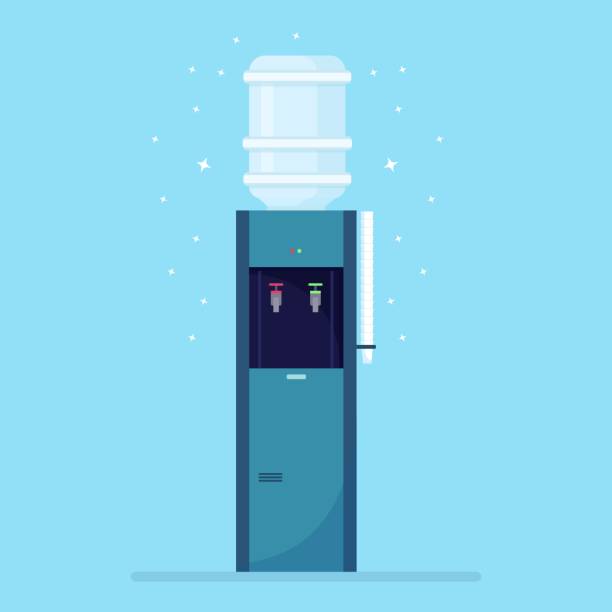 Office water dispenser, plastic cooler with big full bottle on blue background. Vector illustration Office water dispenser, plastic cooler with big full bottle on blue background. Vector illustration water cooler stock illustrations