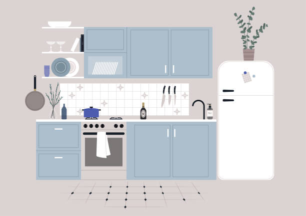jasnoniebieskie wnętrze kuchni z zabytkowymi szafkami i zdobioną podłogą wyłożoną kafelkami, bez ludzi, pusta scena - kitchen stock illustrations