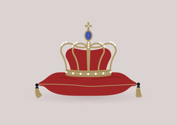 ilustraciones, imágenes clip art, dibujos animados e iconos de stock de una corona dorada decorada con gemas sentadas en una almohada de seda con borlas doradas - crown king queen gold