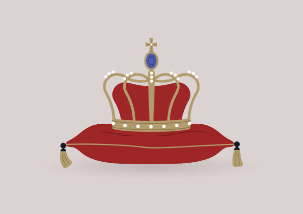 illustrations, cliparts, dessins animés et icônes de une couronne d’or décorée avec des gemmes se reposant sur un oreiller en soie avec des glands d’or - crown king queen gold