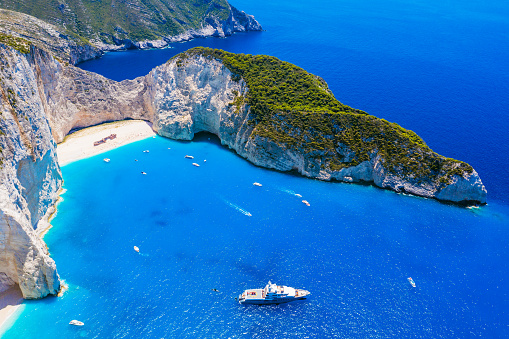 Zakynthos, Greece. Navagio Beach with shipwreck on Zakynthos island.