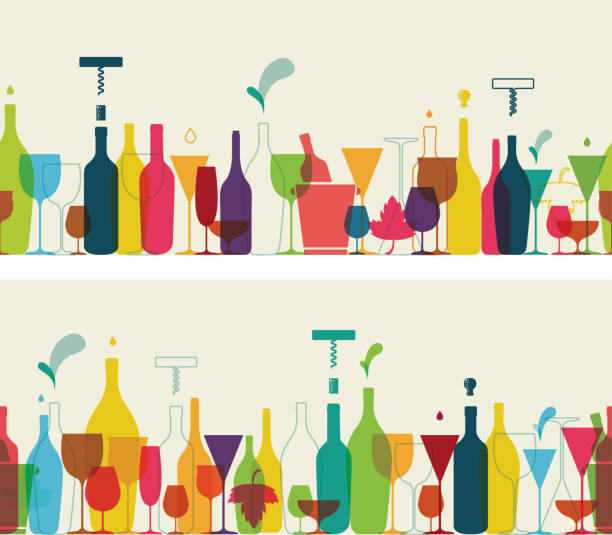 illustrazioni stock, clip art, cartoni animati e icone di tendenza di striscioni retrò di vino e cocktail senza cuciture - wine bottle illustrations