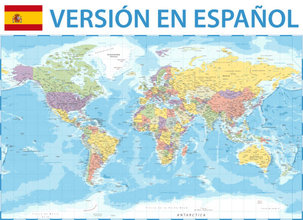 мировая карта цвет политический - испанский язык версия - вектор подробная иллюстрация - argentina mexico stock illustrations