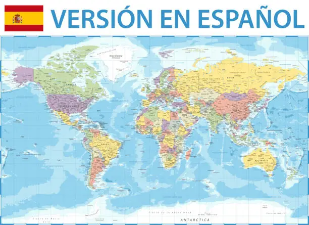 Vector illustration of World Map Color Political - Spanish Language Version - Vector Detailed Illustration