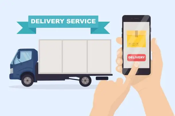 Vector illustration of Free fast delivery service by truck, van. Courier delivers food order by auto. Hand hold phone with mobile app. Online package tracking. Man travels with a parcel on road. Vector illustration