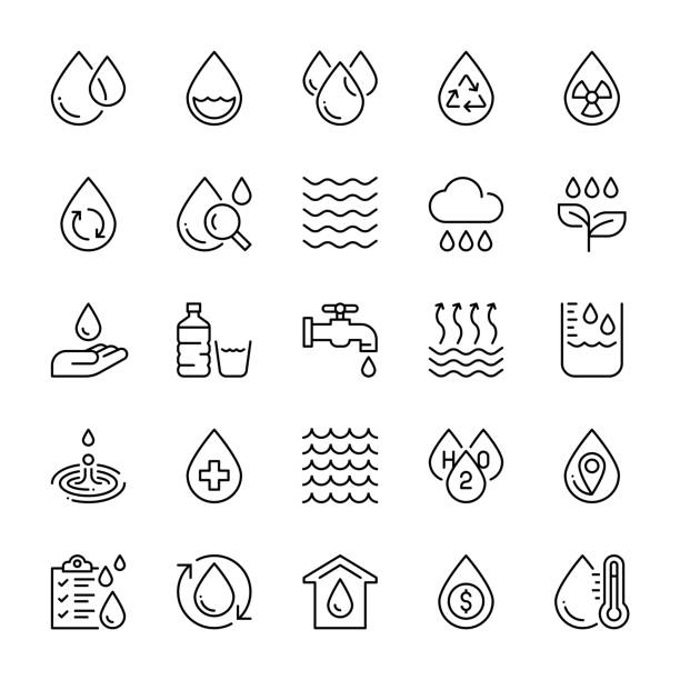 Water icons Water icons, drop water, environment, vector illustration. humidity stock illustrations
