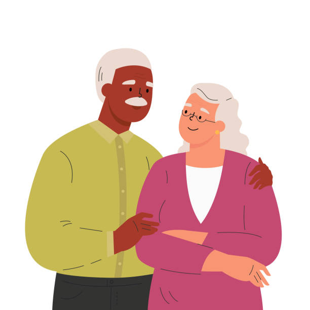glücklicher älterer mann umarmt seine frau - grandparent stock-grafiken, -clipart, -cartoons und -symbole
