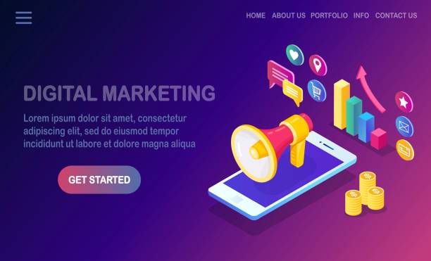 istock Digital marketing. Mobile phone, smartphone with money, graph, folder, megaphone, loudspeaker, bullhorn. Business development strategy advertising. Social media analysis. Vector illustration 1312171157