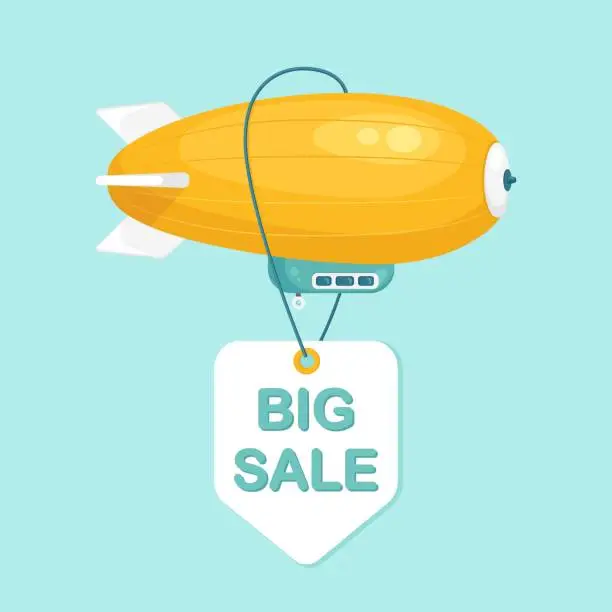Vector illustration of Dirigible flying in blue sky with clouds. Vintage airship, zeppelin with sale tag. Travel by blimp. Vector illustration