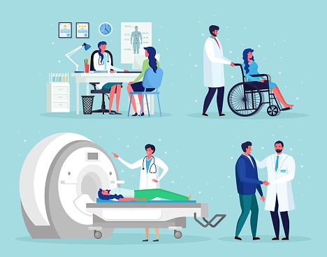 Doctor talks with man. Magnetic Resonance Imaging Technology Tomography, radiology, xray machine for examination for oncology disease MRI. Nurse, wheelchair for disabled senior patient. Vector illustration