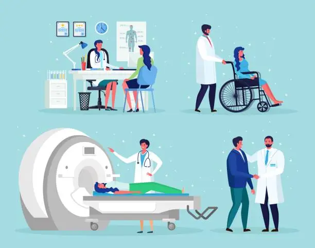 Vector illustration of Doctor talks with man. Magnetic Resonance Imaging Technology Tomography, radiology, xray machine for examination for oncology disease MRI. Nurse, wheelchair for disabled senior patient. Vector illustration